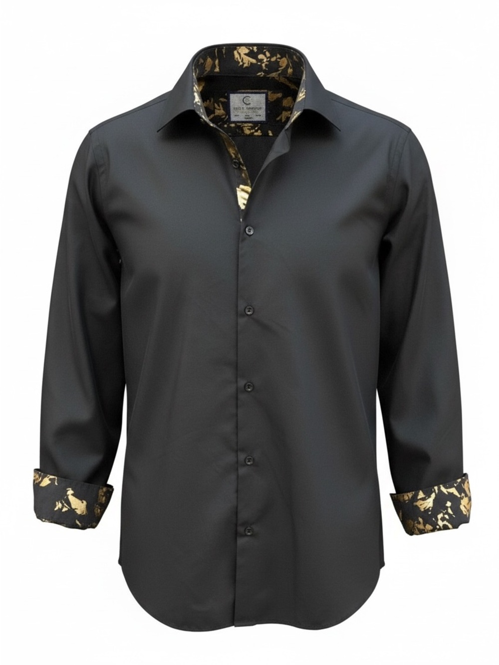 Suslo Couture Mens Shirt L Slim Fit Black w/ Gold Metallic Cuffs & Collar